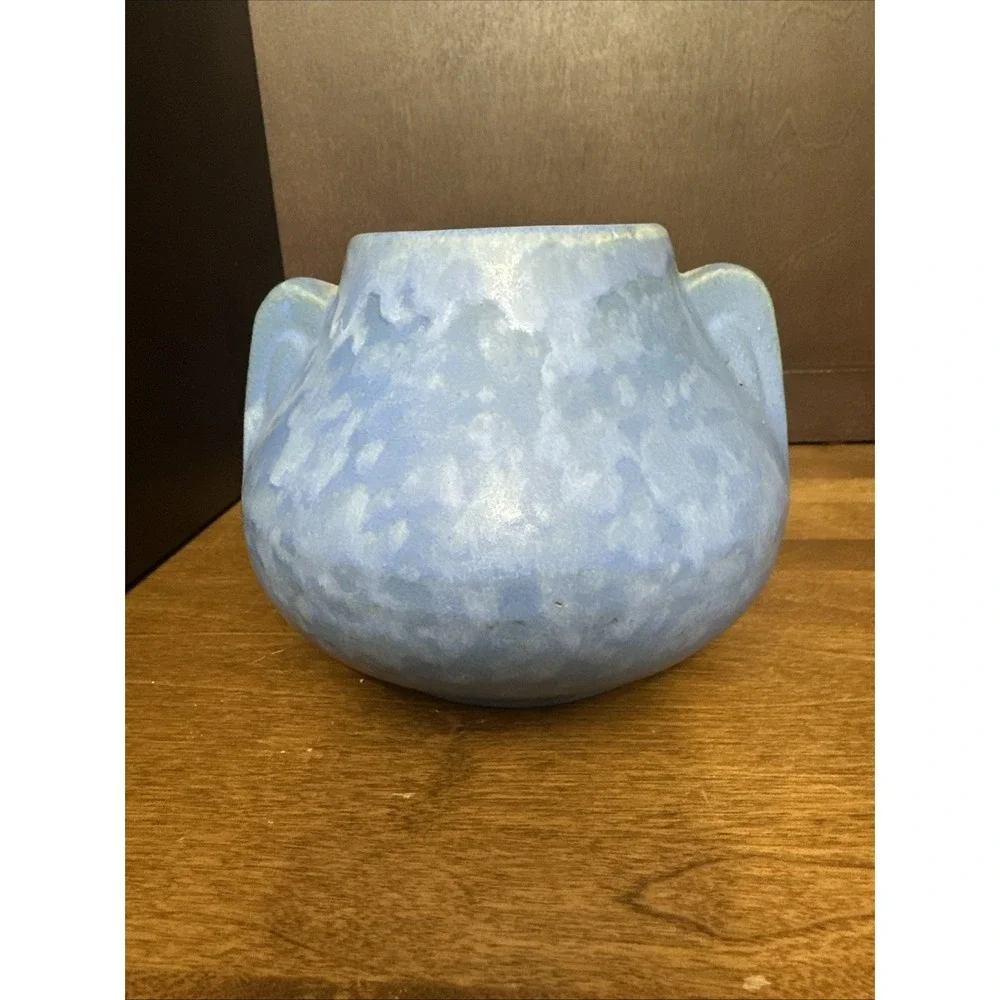 Brush McCoy Pottery Matte Blue Vellum Vase Ear Handles 1930s Mission Vintage